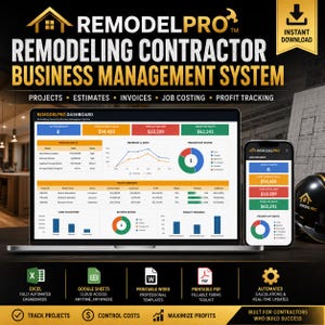 Peut inclure: Un système de gestion d'entreprise pour entrepreneurs en rénovation, comprenant un ordinateur portable et un smartphone affichant un tableau de bord avec des indicateurs de projet, des graphiques financiers et des icônes Excel, Sheets, Word et PDF.