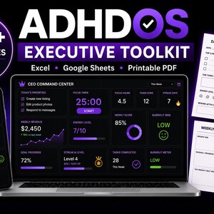 Peut inclure: Le kit d'outils exécutif ADHDOS comprend plus de 30 modèles pour Excel, Google Sheets et PDF imprimables. Il présente un ordinateur portable avec un tableau de bord CEO Command Center, un smartphone et deux planificateurs papier blancs.