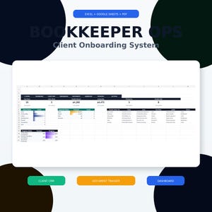Peut inclure: Un modèle de feuille de calcul numérique intitulé Bookkeeper Ops Client Onboarding System, compatible avec Excel et Google Sheets. L'interface affiche des onglets pour l'accueil, le tableau de bord, le CRM client, l'intégration et les paiements.