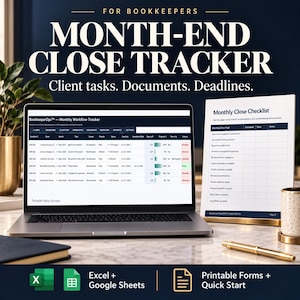 Peut inclure: Un ordinateur portable affichant une feuille de calcul BookkeeperOps Monthly Workflow Tracker à côté d'une liste de contrôle imprimée. Le texte indique FOR BOOKKEEPERS MONTH-END CLOSE TRACKER Client tasks. Documents. Deadlines.