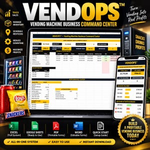 Könnte beinhalten: Ein digitales Dashboard mit dem Titel VENDOPS Vending Machine Business Command Center auf einem Laptop- und Smartphone-Bildschirm. Die Benutzeroberfläche zeigt Finanzkennzahlen, Verkaufsdaten und den Maschinenstatus. Symbole für Excel, Google Sheets, PDF und Word sind enthalten, zusammen mit Text, der ein profitables System für das Verkaufsautomaten-Geschäft bewirbt.