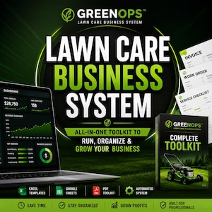 Peut inclure: Image promotionnelle pour un système de gestion d'entreprise d'entretien de pelouse. L'image présente un ordinateur portable affichant des données financières, une boîte à outils et des documents. Le texte comprend "Lawn Care Business System" et "Complete Toolkit". La palette de couleurs est verte et noire.