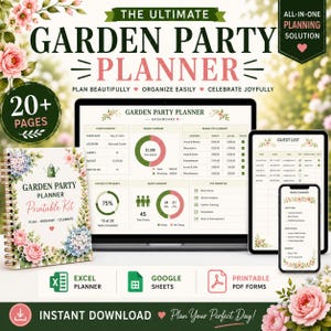 Peut inclure: Un kit de planification de fête de jardin numérique comprenant un carnet à spirales, un écran d'ordinateur affichant un tableau de bord, une tablette avec une liste d'invités et un smartphone avec un menu. Design avec fleurs et texte.
