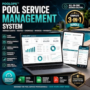 Pool Service Business Management System | Route Planner, Chemical Log, Invoices, Client CRM | Excel Google Sheets PDF Forms