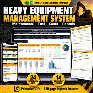 Peut inclure: Un système de gestion d'équipement lourd numérique affiché sur un écran d'ordinateur portable et de smartphone, comprenant un tableau de bord exécutif, des opérations de flotte mobiles et des formulaires imprimables.