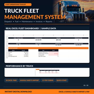 Truck Fleet Management System | Fleet Tracker, Fuel Log, Maintenance Log, Dispatch Planner, DOT Forms, Excel Spreadsheet