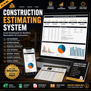 Peut inclure: Un système numérique d'estimation de construction affiché sur un écran d'ordinateur portable et de smartphone, comprenant des tableaux de bord Excel, des rapports de projet et des modèles de propositions professionnelles, avec un carnet à spirales.