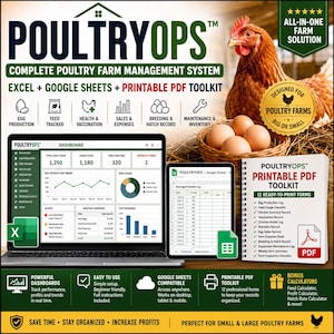 Puede incluir: Un anuncio de PoultryOps, un sistema completo de gestión de granjas avícolas. La imagen presenta una computadora portátil y una tableta que muestran datos, una gallina, huevos y un kit de herramientas PDF imprimible. El texto incluye "Excel + Google Sheets + Printable PDF Toolkit."
