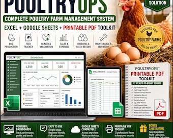 養鶏場管理スプレッドシート（Excel、Google Sheets）、卵生産・飼料・健康・販売トラッカー、養鶏場PDFフォーム