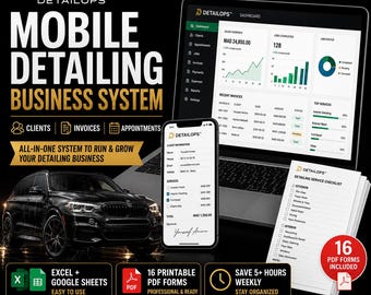 Puede incluir: Un sistema empresarial digital para detailing móvil que incluye una computadora portátil y un teléfono inteligente con un panel de control de ventas, información de clientes y listas de verificación de servicios sobre un fondo negro.