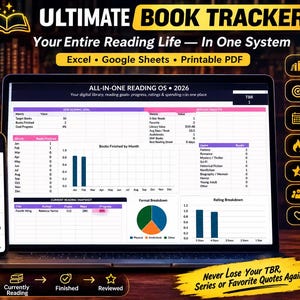 Peut inclure: Un outil de suivi de lecture numérique affiché sur un ordinateur portable et un smartphone, présentant des graphiques, des objectifs de lecture et des répartitions par genre. L'interface inclut du texte comme Ultimate Book Tracker et Reading OS.