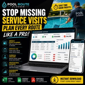 Może przedstawiać: Cyfrowa grafika marketingowa oprogramowania Pool Route Planner z laptopem i smartfonem wyświetlającymi pulpity nawigacyjne, dzienniki serwisowe i harmonogramy tras. Tekst zawiera STOP MISSING SERVICE VISITS, PLAN EVERY ROUTE LIKE A PRO oraz SAVE TIME GROW PROFITS.