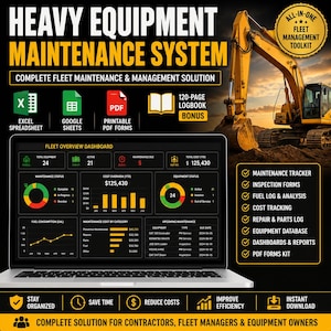 Heavy Equipment Maintenance Spreadsheet | Fleet Maintenance Tracker, Inspection Forms, Fuel Log, Excel & Google Sheets