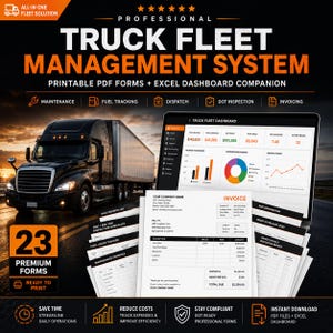 May include: A professional truck fleet management system featuring printable PDF forms and an Excel dashboard. The display shows a black semi-truck, a digital dashboard with financial data, and a stack of printed invoices and inspection forms.