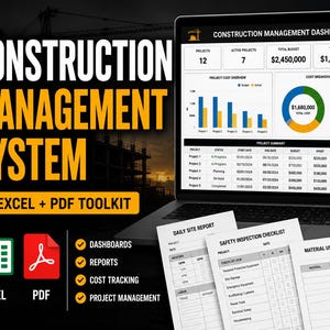 Peut inclure: Un ordinateur portable affiche un tableau de bord de gestion de la construction avec des données de projet, des répartitions des coûts et des résumés de projet. Des documents tels que des rapports quotidiens de chantier, des listes de contrôle d'inspection de sécurité et des journaux d'utilisation des matériaux sont également présents.
