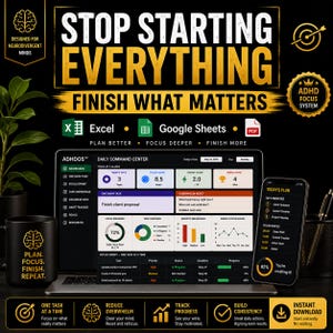 Peut inclure: Un tableau de bord de productivité numérique intitulé Daily Command Center affiché sur un ordinateur portable et un smartphone, avec suivi des tâches, mesures de concentration et graphiques. Le texte inclut Stop Starting Everything et ADHDOS.