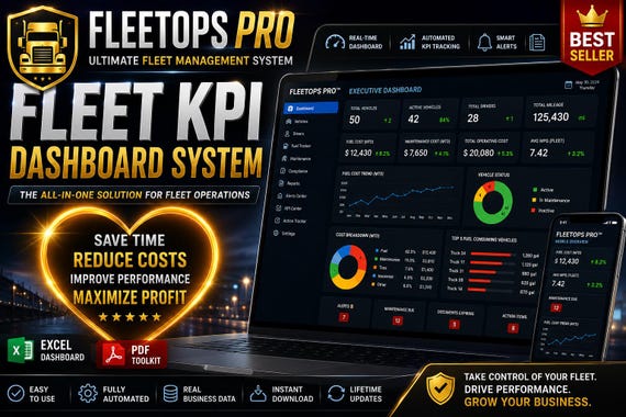 Fleet KPI Dashboard | Fleet Management Spreadsheet | Truck Maintenance & Fuel Tracker