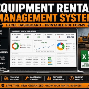 Peut inclure: Un système de gestion de location d'équipement affiché sur un écran d'ordinateur portable, avec une excavatrice en arrière-plan. Le système comprend un tableau de bord Excel et des formulaires PDF imprimables. Le texte affiche le suivi des données de location.