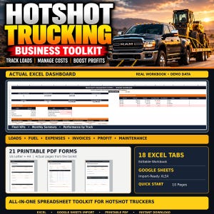 May include: A digital business toolkit for hotshot trucking featuring an Excel dashboard, 21 printable PDF forms, and 18 editable Excel tabs. The graphic displays a Ram truck, fleet management data, and text including Hotshot Trucking Business Toolkit.