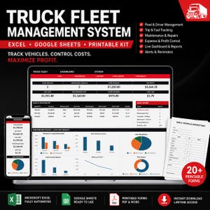 Könnte beinhalten: Ein digitales LKW-Flottenmanagementsystem auf einem Laptop- und Smartphone-Bildschirm, das Datentabellen, Diagramme und ein tägliches Fahrzeuginspektionsformular mit Text zur Flottenverfolgung und Kostenkontrolle darstellt.