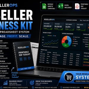 Peut inclure: Un kit professionnel ResellerOps comprenant un ordinateur portable affichant un tableau de bord avec des données de revenus, de profits et de stocks. Un kit d'outils PDF imprimable à spirale est posé à côté. Le graphique inclut des listes.