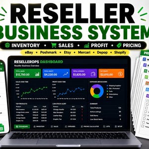 May include: A digital reseller business system displayed on a laptop and smartphone screen, featuring a dashboard with sales, profit, and expense data. A stack of printable PDF toolkit pages includes logs for inventory, sourcing, sales, and packing checklists.