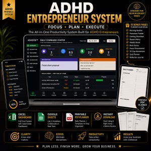 Peut inclure: Le système ADHD Entrepreneur est une suite de productivité numérique comprenant un ordinateur portable affichant un tableau de bord Daily Command Center, un smartphone avec une interface Today's Plan et un planificateur PDF imprimable.