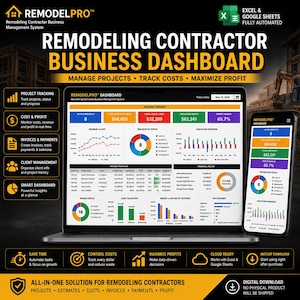 Peut inclure: Un tableau de bord numérique RemodelPro affiché sur un écran d'ordinateur portable et de smartphone. L'interface présente des graphiques et des tableaux pour le suivi des projets, des coûts et des profits. Le texte inclut RemodelPro, Manage Projects, Track Costs, Maximize Profit et Excel & Google Sheets Fully Automated.
