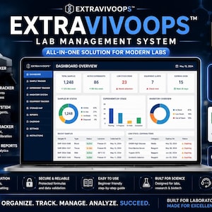 May include: A laptop screen shows the "EXTRAVIVOOPS" lab management system interface. The interface displays data visualizations, including charts and graphs, with the text "ALL-IN-ONE SOLUTION FOR MODERN LABS." The image also includes icons for sample tracking, experiment tracking, and inventory management.