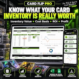 May include: A laptop and smartphone displaying the Card Flip Pro trading card reseller dashboard with financial data, charts, and inventory metrics. The screen shows gross receipts, net income, and profit tracking for TCG and sports card sellers.