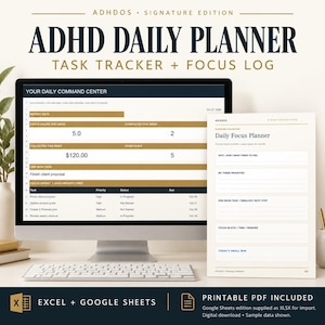 ADHD Daily Planner Spreadsheet | Task Tracker & Focus Log | Excel, Google Sheets + Printable PDF