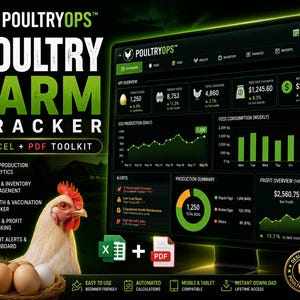 May include: A digital display of the PoultryOps Farm Tracker, an Excel and PDF toolkit. The screen shows data visualizations, including egg production, feed consumption, and profit overview. A hen and eggs are in the foreground.