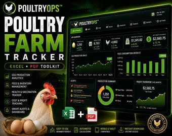May include: A digital display of the PoultryOps Farm Tracker, an Excel and PDF toolkit. The screen shows data visualizations, including egg production, feed consumption, and profit overview. A hen and eggs are in the foreground.
