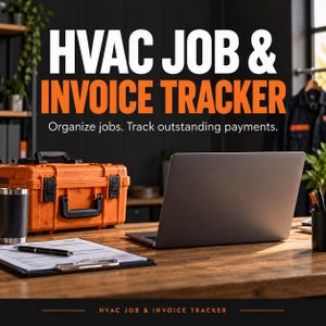 Peut inclure: Un modèle numérique HVAC Job & Invoice Tracker affiché sur un écran d'ordinateur portable. Le texte indique HVAC JOB & INVOICE TRACKER et Organize jobs. Track outstanding payments. Une boîte à outils orange, un presse-papier et un stylo sont posés sur un bureau en bois.