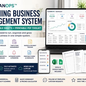 Cleaning Business Management System Excel Google Sheets Dashboard Client CRM Job Scheduler Invoice Tracker PDF Forms