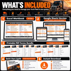 May include: A digital truck fleet management system featuring an Excel workbook with 18 tabs, a Google Sheets version, and a bundle of 21 printable PDF forms. Includes a quick start guide and instant download access for dispatch, fuel, and maintenance.