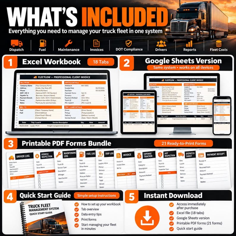 May include: A digital truck fleet management system featuring an Excel workbook with 18 tabs, a Google Sheets version, and a bundle of 21 printable PDF forms. Includes a quick start guide and instant download access for dispatch, fuel, and maintenance.