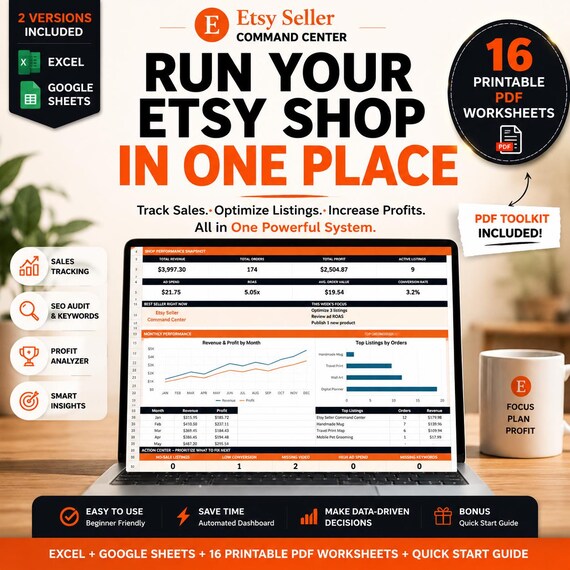 Etsy Seller Spreadsheet, Shop Dashboard, SEO Tracker, Ads Tracker, Profit Tracker, Excel Google Sheets