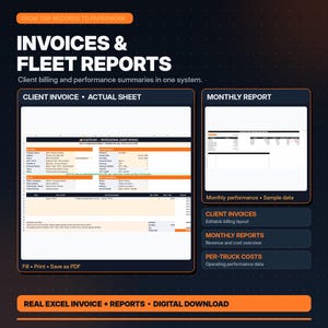 May include: A digital template for invoices and fleet reports featuring a professional client invoice layout and a monthly performance summary. The document includes fields for billing details, trip records, and cost overviews, designed for digital download and editing.