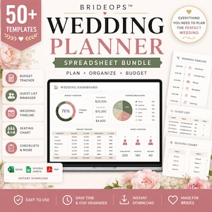 Peut inclure: Un ensemble de feuilles de calcul pour planificateur de mariage avec plus de 50 modèles. L'image montre un ordinateur portable affichant un tableau de bord de mariage, un suivi budgétaire et un gestionnaire de liste d'invités. Inclut le texte "Planifier, Organiser, Budgétiser" et "Téléchargement instantané".