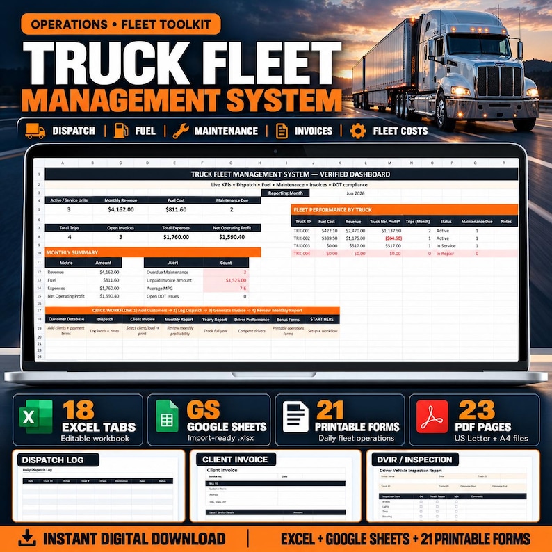 May include: A digital truck fleet management system displayed on a laptop screen, featuring a spreadsheet dashboard with performance metrics, dispatch, fuel, and maintenance logs. Includes 18 Excel tabs, Google Sheets, 21 printable forms, and 23 PDF pages.
