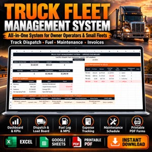 May include: A digital truck fleet management system displayed on a laptop screen, featuring a spreadsheet dashboard with columns for revenue, fuel costs, and maintenance. The interface includes sections for monthly summaries, fleet performance, and workflow tracking.