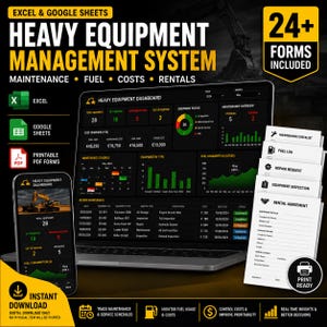 Peut inclure: Un système numérique de gestion d'équipement lourd pour Excel et Google Sheets avec un tableau de bord sur écran d'ordinateur et de smartphone, ainsi que des formulaires PDF imprimables. L'interface affiche des données de maintenance et coûts.