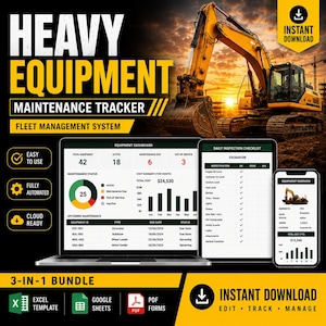 Pode incluir: Um pacote digital de rastreamento de manutenção de equipamentos pesados com laptop, tablet e smartphone exibindo painéis de gestão de frota, listas de verificação e visões gerais com gráficos, texto e ícones para Excel, Google Sheets e PDF.