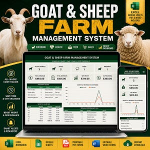 Peut inclure: Un système numérique de gestion de ferme pour chèvres et moutons affiché sur un écran d'ordinateur portable et de smartphone. L'interface présente des données sur les animaux, les revenus, les dépenses et les profits avec des icônes.