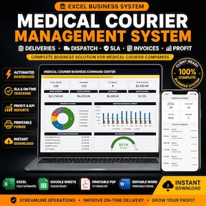 Peut inclure: Un système de gestion de coursiers médicaux numérique affiché sur un écran d'ordinateur portable et un smartphone. L'interface présente des tableaux de bord commerciaux, le statut des commandes, les revenus, les bénéfices et des indicateurs de suivi.