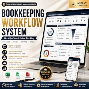 Peut inclure: Un système de flux de travail comptable numérique affiché sur un écran d'ordinateur portable et de smartphone. L'interface présente un tableau de bord avec des indicateurs clients, des listes de contrôle de clôture mensuelle et des tâches récurrentes.