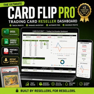 Peut inclure: Le tableau de bord de revente de cartes à collectionner Card Flip Pro affiché sur un écran d'ordinateur portable et de smartphone, avec des données financières, des graphiques et des indicateurs de stock. Inclut une carte Pikachu gradée.