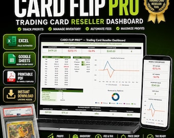 Foglio di calcolo per la gestione dell'inventario delle carte collezionabili | Strumento di monitoraggio dei profitti TCG | Gestore vendite e collezioni di carte | Excel, Fogli Google, PDF | Pannello di controllo per i rivenditori