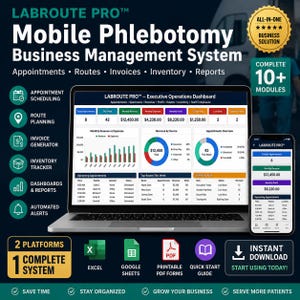 Mobilt kalkylblad för flebotomiverksamhet | Excel Google Sheets | Patientspårning Fakturaruttplanerare Inventeringsinstrumentpanel
